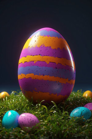 Colorful easter egg on green grass over dark blue background.の写真素材