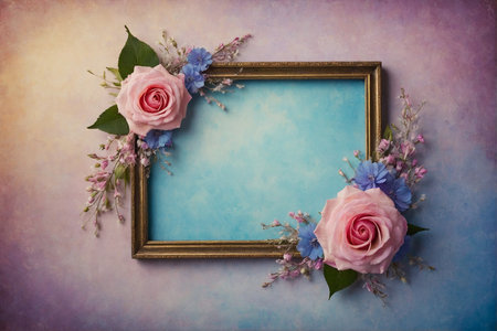 Vintage frame with pink roses and blue flowers on grunge backgroundの写真素材