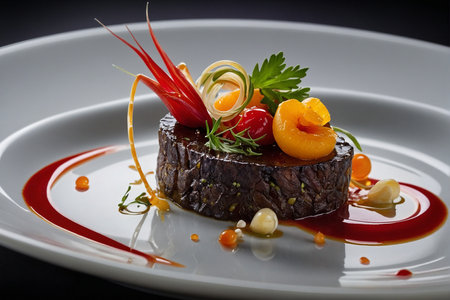 Steak with caviar and garnish on a white plate.の写真素材