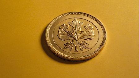 Gold coin on a yellow background in the form of a flower.