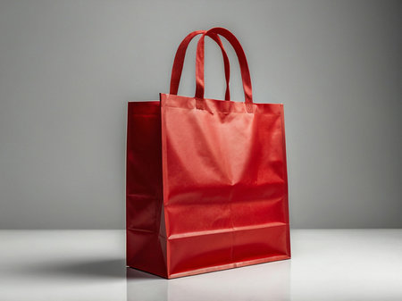 Red paper shopping bag on gray background. 3d rendering. Mock up.の写真素材