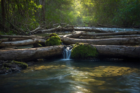 Waterfall in the forest with green moss and tree trunks.
