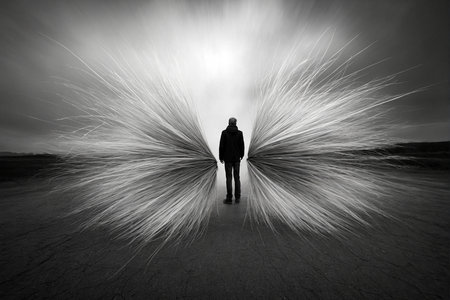 Silhouette of a man walking in the middle of a fractal.の写真素材