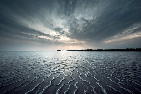 Beautiful sunset over the sea with dramatic sky. Long exposure.