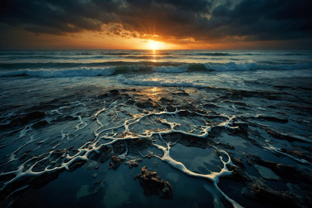 Beautiful seascape at sunset time. Dramatic sky with clouds, golden sunlight and wavesの写真素材