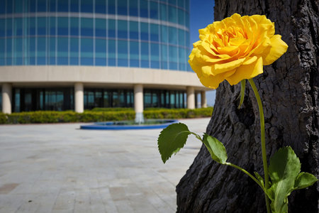 Yellow rose on the background of a tree and a modern office buildingの写真素材