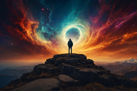 Man standing on the top of a mountain and looking at the night skyの写真素材