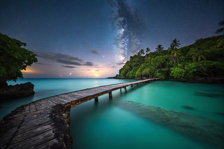 Beautiful long exposure photograph of a wooden jetty leading to a tropical beach at nightの写真素材