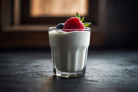 Greek yogurt with fresh berries in a glass on a dark background.