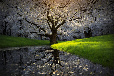 Cherry blossom tree with reflection in a puddle of waterの写真素材