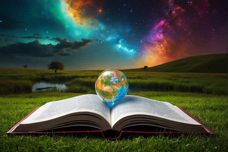 Open book with glowing earth globe on nature background. Earth day concept