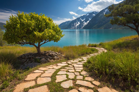 Mountain landscape with lake, trees and stone path