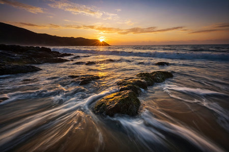 Beautiful sunset on the beach with sea wave and rock in the foregroundの写真素材