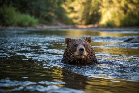 Brown bear swims in the riverの写真素材