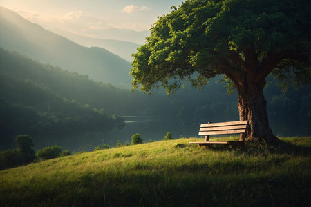 Wooden bench under big tree on the hillside in the morningの写真素材