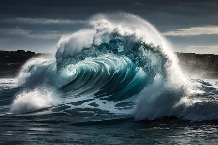 Big wave breaking on the coast of Iceland. Toned image.