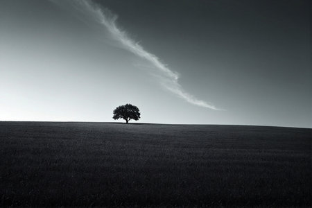 Lonely tree in the field. Black and white photo.