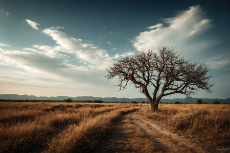 lonely tree in the savannah of africa - retro vintage effectの写真素材