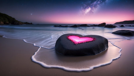 Heart shaped stone on the beach at night, love conceptの写真素材