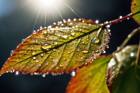 Water drops on a leaf in the morning sun. Shallow DOF