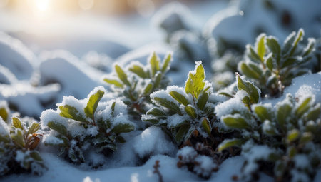 Green leaves in the snow on a sunny winter day. Shallow depth of fieldの写真素材