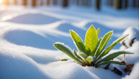 Close-up of a small green sprout growing through the snowの写真素材