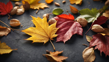 Autumn leaves on dark background, closeup. Space for textの写真素材