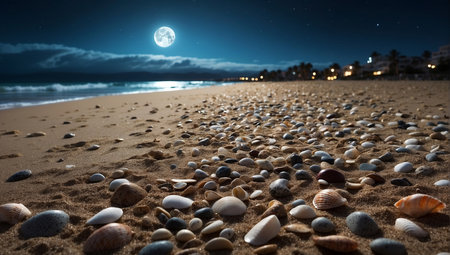 Beautiful night seascape with starry sky and sea shellsの写真素材