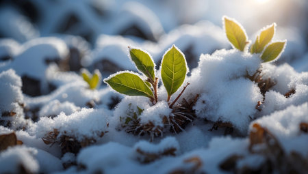 Plants in the snow. First spring sprouts in the snow.