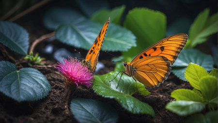 Butterfly on pink flower in the garden. Natural background.の写真素材