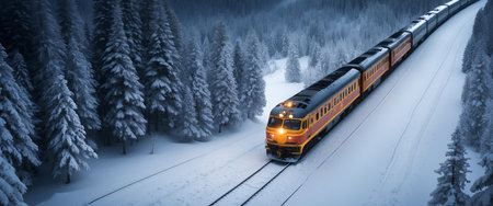 High speed train in winter forest. Freight train travels through the snow-covered mountains.