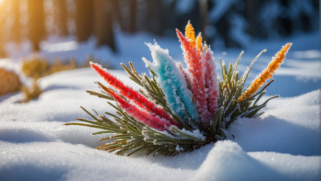 Frozen pine branch covered with snow in winter forest. Frosty dayの写真素材