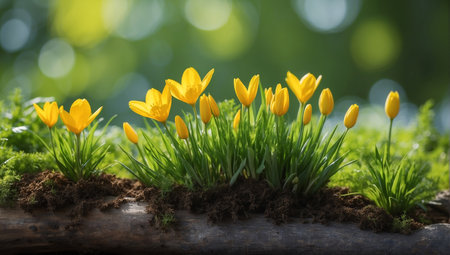 Yellow crocuses in the garden. Spring background with flowers.の写真素材