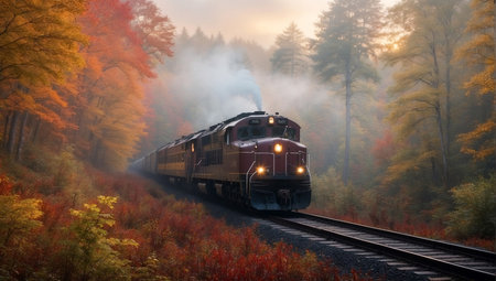 Locomotive in autumn forest. Train in autumn forest. Railway in autumn forest.の写真素材