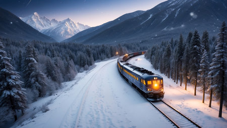 Freight train on the background of snowy mountains at night in winterの写真素材
