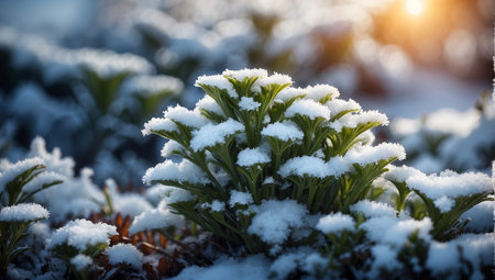 Close-up of green grass covered with snow on a sunny dayの写真素材
