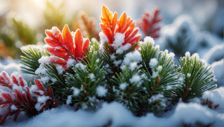 Spruce branches with red leaves in the snow. Winter background.の写真素材