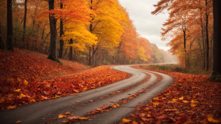 Autumn road in the forest with colorful trees and fallen leaves.