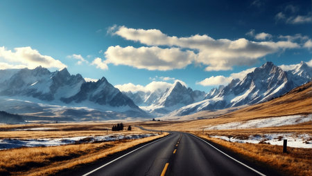 Road in the mountains. Landscape with snow-capped mountainsの写真素材