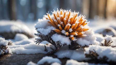 Close-up of a snow covered flower on a wooden background.の写真素材