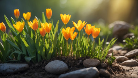 Yellow tulips in the garden. Spring flowers. Nature background.の写真素材