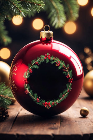 Christmas decoration on wooden background with bokeh lights and copy spaceの写真素材