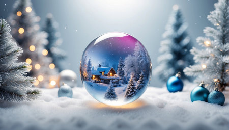 Christmas glass ball with house in snowy forest. 3D rendering.の写真素材