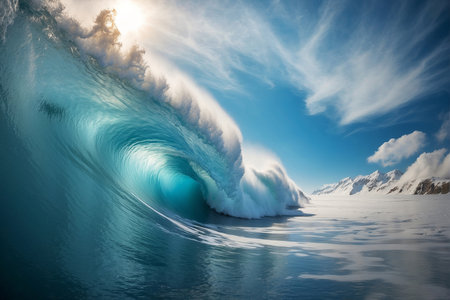 Blue ocean wave with sun rays and reflection. 3D Rendering
