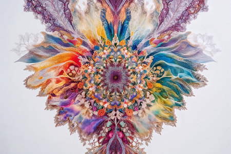 Macro detail of a colorful floral embroidery on white background