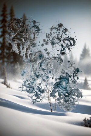 Frozen winter forest with snow covered trees and blue icicles.の写真素材