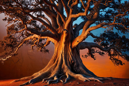 Old tree in the desert at sunset. Conceptual image. 3d rendering