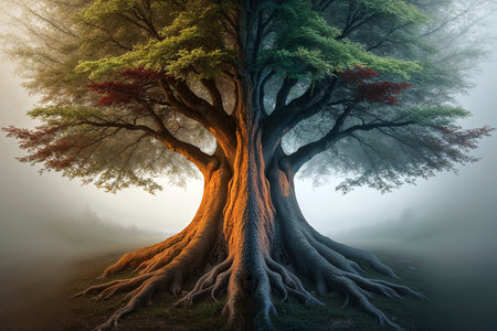 Mysterious tree in a foggy forest. 3d renderの写真素材