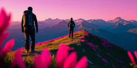 Hiker on the top of the mountain with pink crocus flowersの写真素材