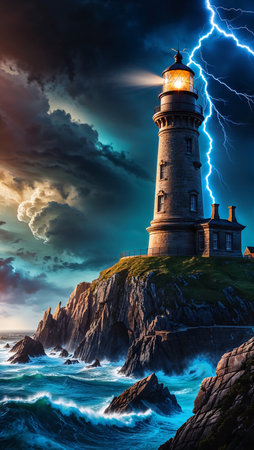 The lighthouse looms over jagged rocks as powerful waves crash below, while a violent storm brews above, lighting the dark sky with flashes of lightningの写真素材